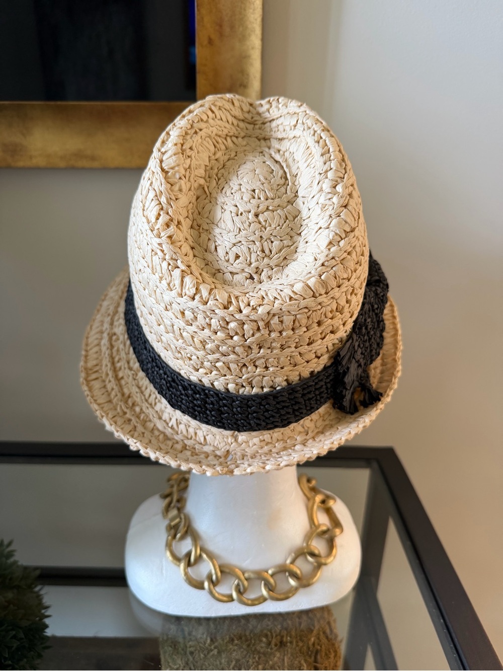 Kate Spade Beige Straw Fedora with Black Raffia Bow - Picture 4 of 6